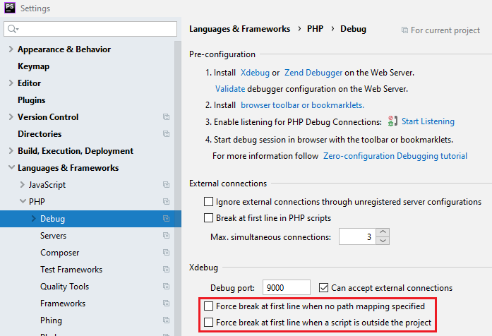 Параметры Xdebug в PhpStorm