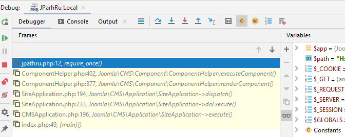 Данные отладчика в панели отладки в PhpStorm