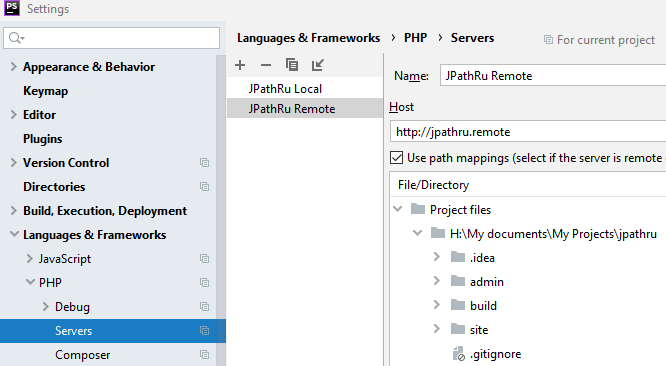Параметры виртуального сервера в PhpStorm