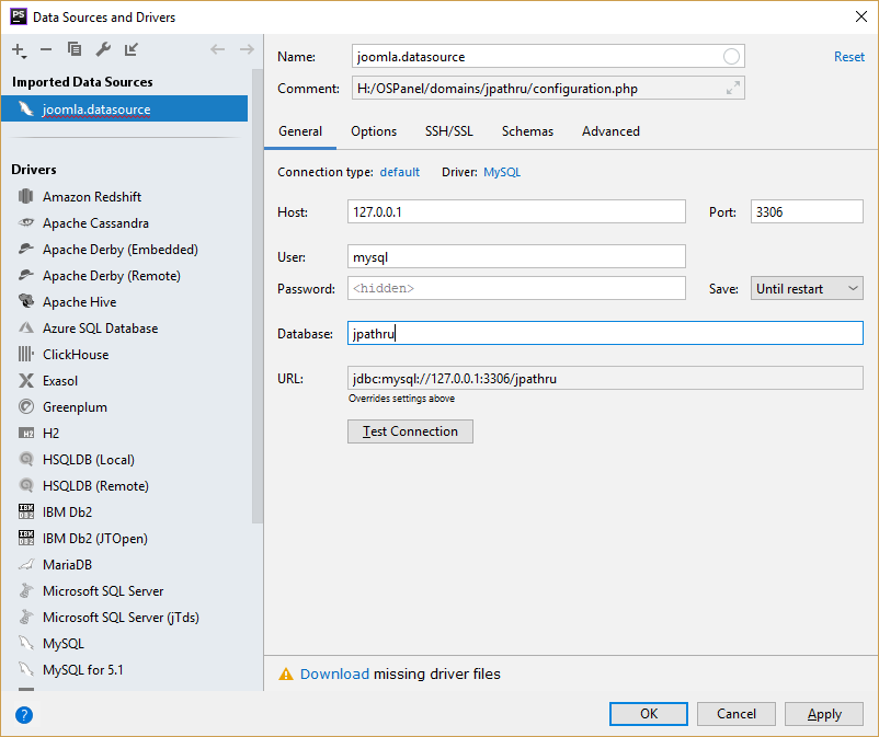 Окно Data Source and Driver
