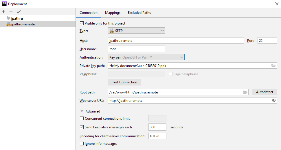 Окно настройки развёртывания удалённого сервера