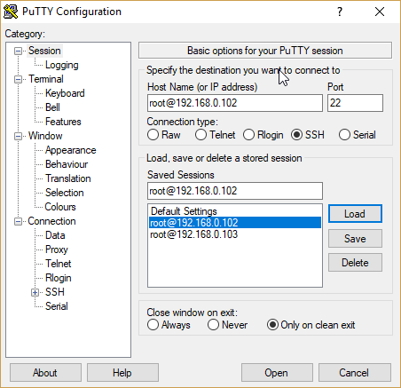 Параметры сессии в PuTTY
