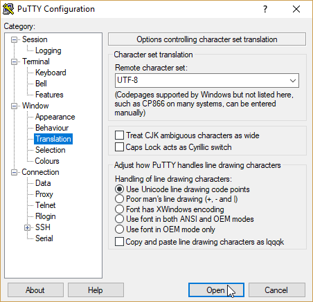 Параметры локали в PuTTY