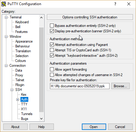 Путь до файла приватного ключа в PuTTY